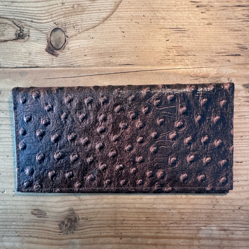 Vintage Brown Ostrich Print Genuine Leather Folio Wallet